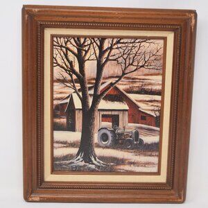 H Hargrove Canvas Art Print Winter Landscape Red Barn Tractor 90s Country Scenic